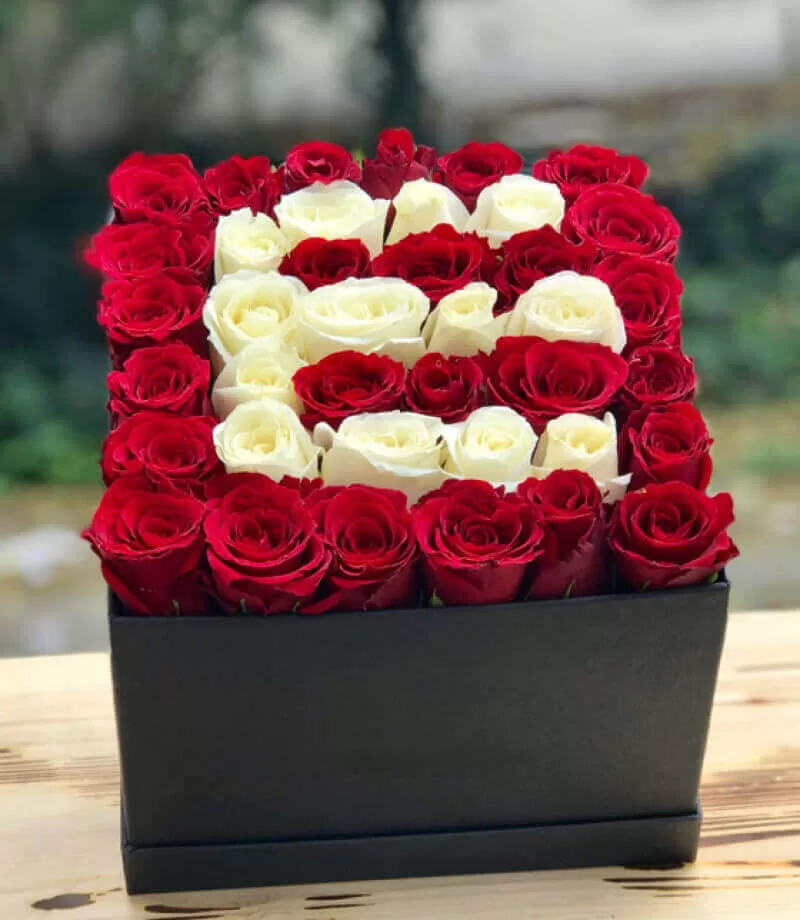 Kutuda Özel Kırmızı Beyaz Harfli Güller